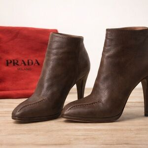 Prada Brown Leather Ankle Booties Size 38.5 / US 8.5 | Classic Stiletto Heel